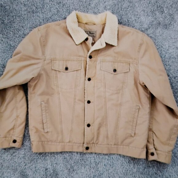 Men's LL Bean khaki Sherpa Lined Button Down Jacket Large, Nice Pre-Owned - Picture 1 of 9